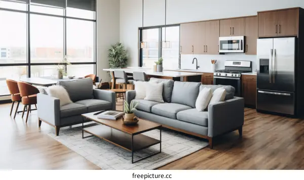 A living room with a large couch, coffee table, rug, dining table, and kitchen