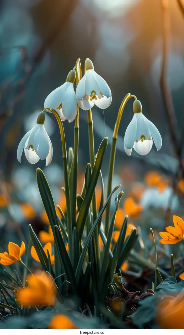 Close-up of snowdrops in a field of orange flowers