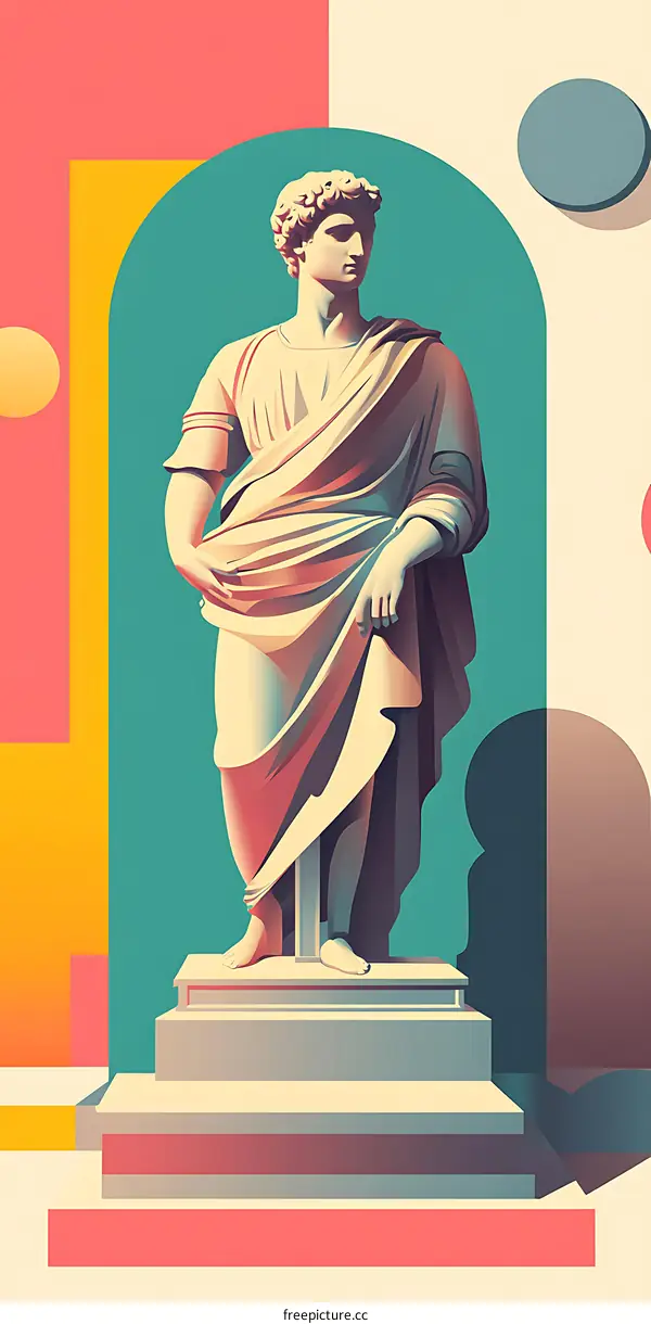 Abstract Minimalist Statue of a Man in a Colorful Geometric Setting