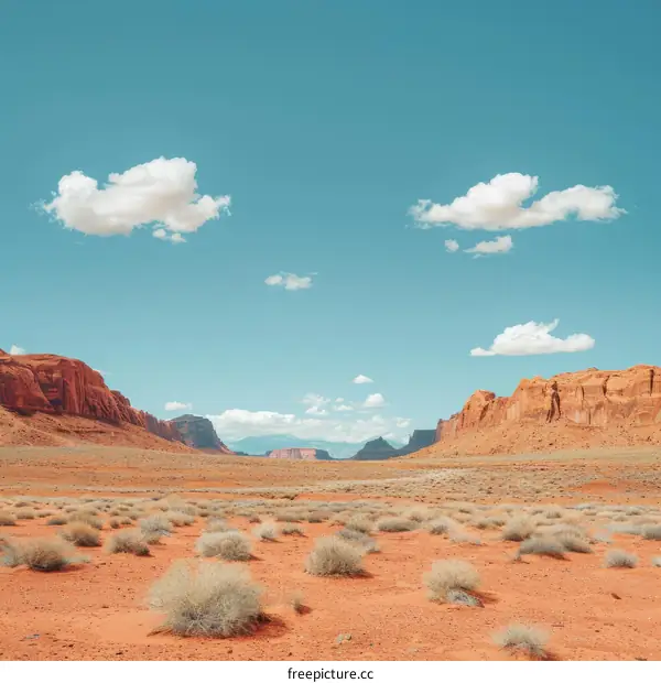 Arid Desert Landscape With Red Rocks And Clear Blue Sky