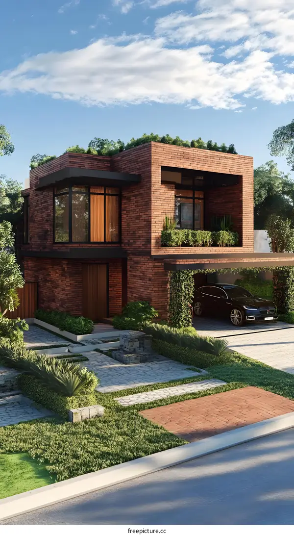 Modern Brick House with Green Roof and Garden