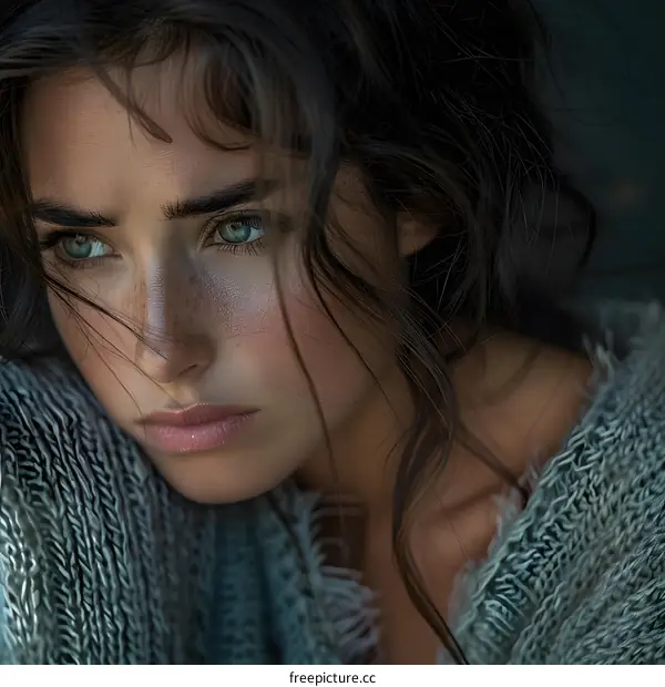 Portrait of a beautiful young woman with freckles and green eyes