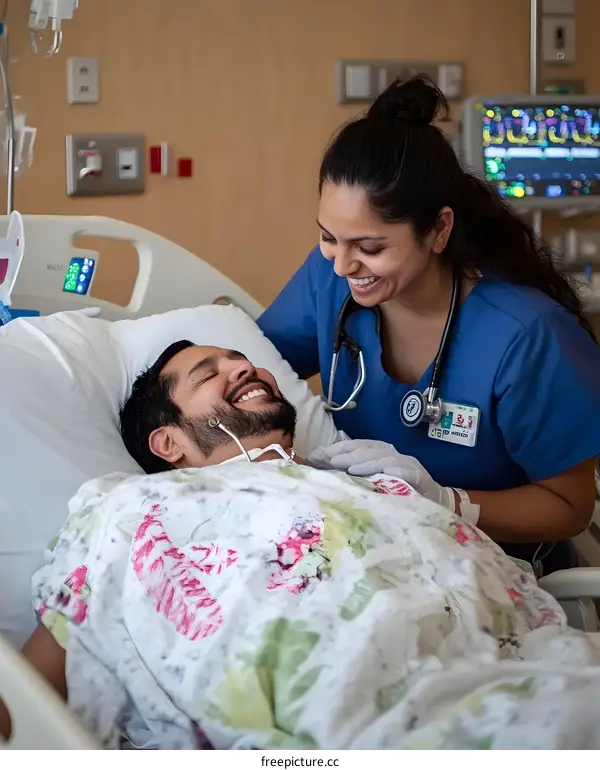 Smiling Female Nurse Takes Care of Male Patient in Hospital Bed