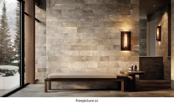 Modern Stone Wall Interior Design with Wooden Bench