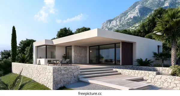 Modern Minimalist White Villa with Stone Walls and Wooden Deck