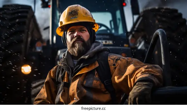 Portrait of a male construction worker wearing a hard hat and safety glasses, looking at the camera with a serious expression.