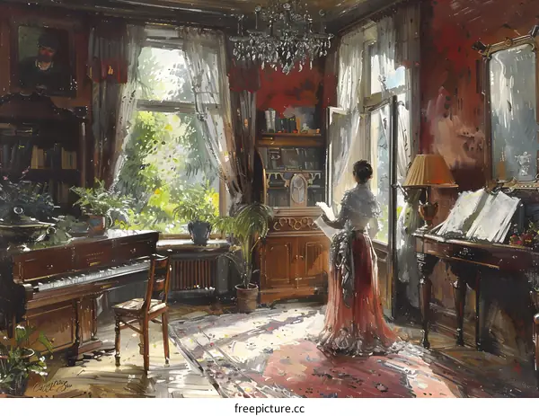 elegant woman reading letter in parlor