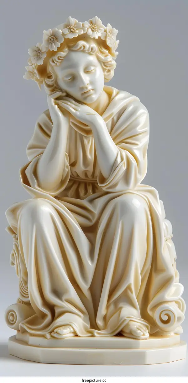 White Marble Sculpture of a Woman with Flowers in Her Hair