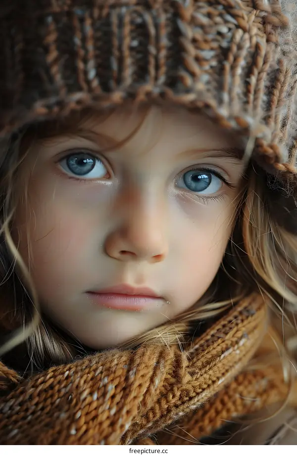 Portrait of a blonde girl in a brown hat and scarf