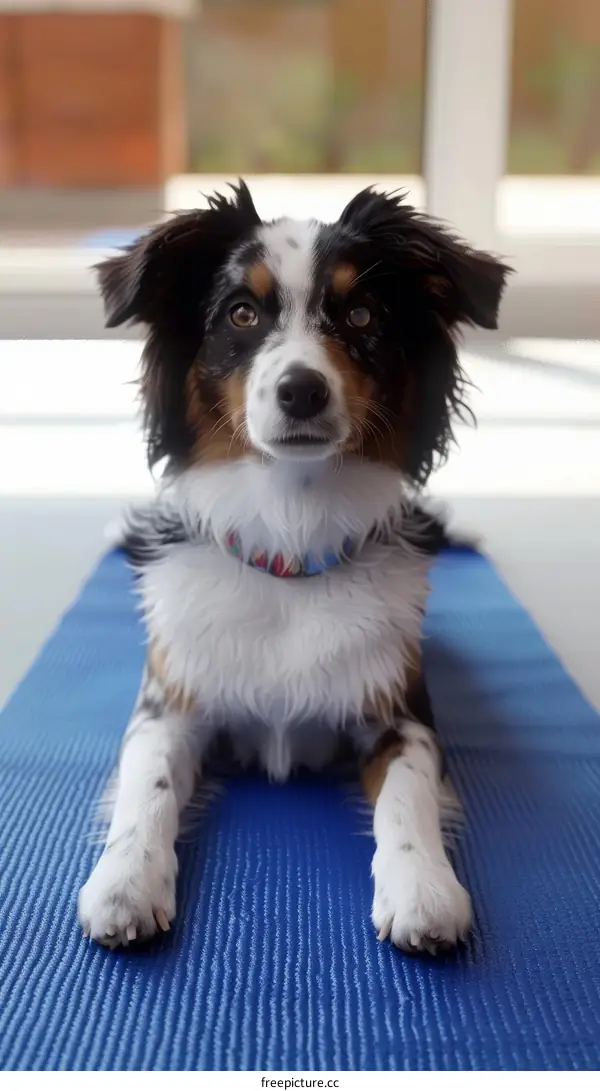 A cute dog lies on a blue yoga mat