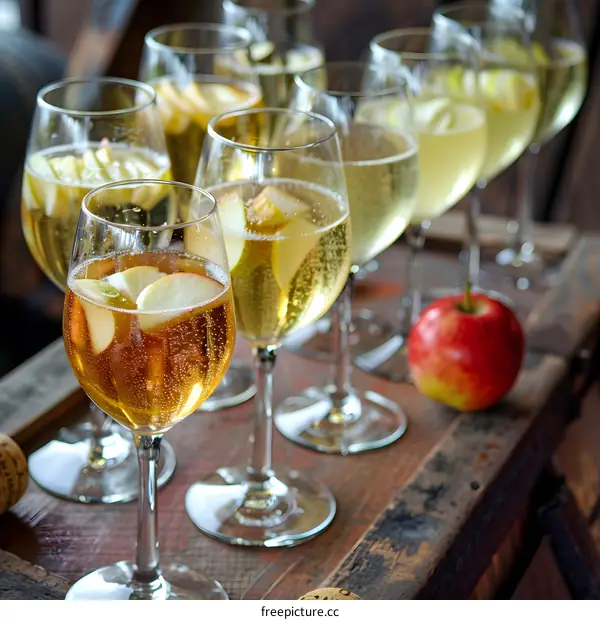 Apple Cider Sparkling Wine in Glasses on Wooden Surface
