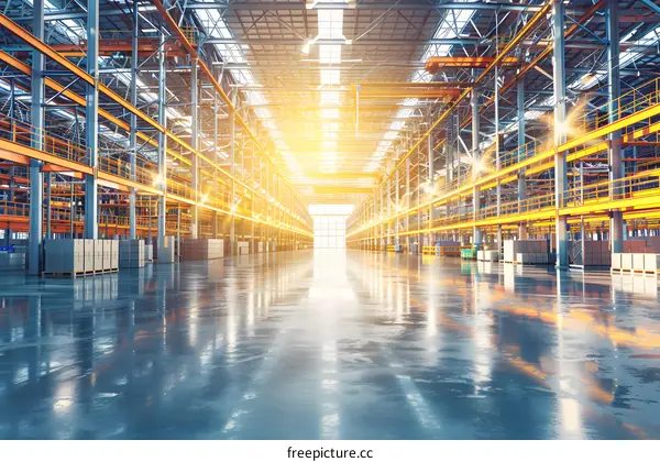 Empty Industrial Warehouse With Steel Beams And Sunlight
