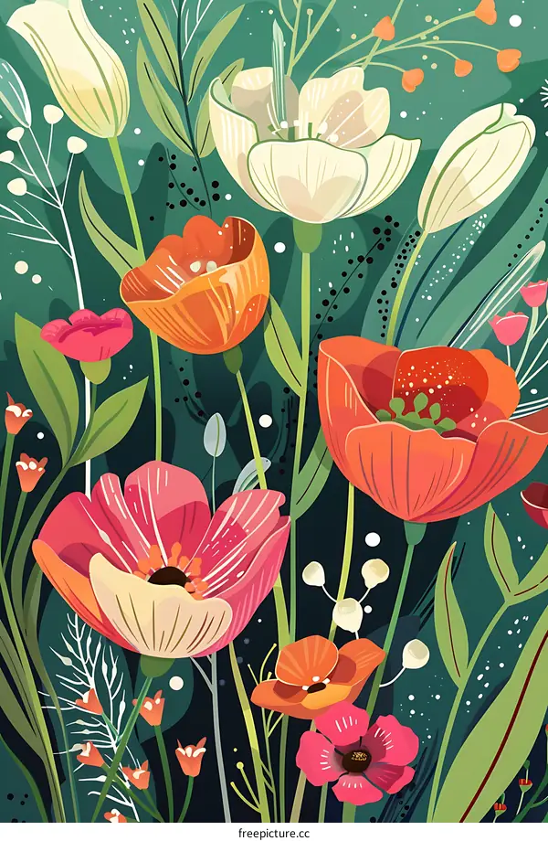 Colorful Flower Illustration with Green Foliage