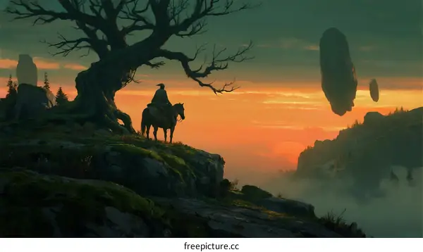 A lone rider on a horse overlooking a surreal sunset landscape with floating objects