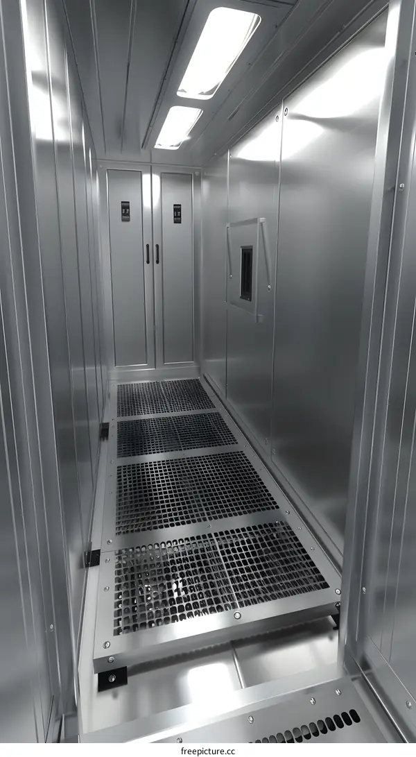 Stainless Steel Clean Room Interior with Grated Flooring and Lighting