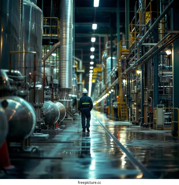 Oil and gas worker walking through a processing plant