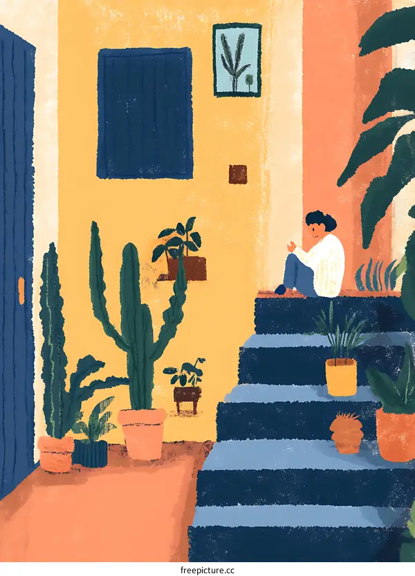 Woman Sitting on Steps in a Yellow Building