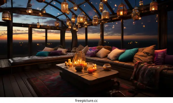 A cozy living space with a beautiful view of the sunset