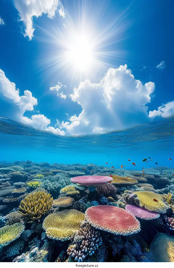 Amazing coral reef with colorful fishes swimming around
