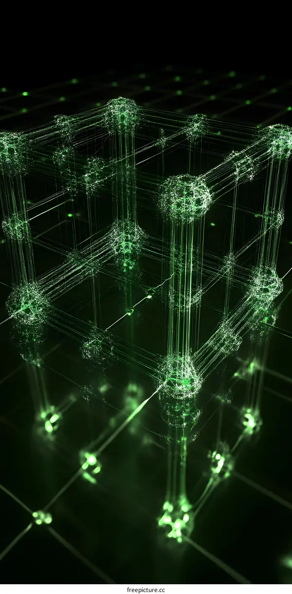 Abstract Green 3D Cube of Lines and Dots