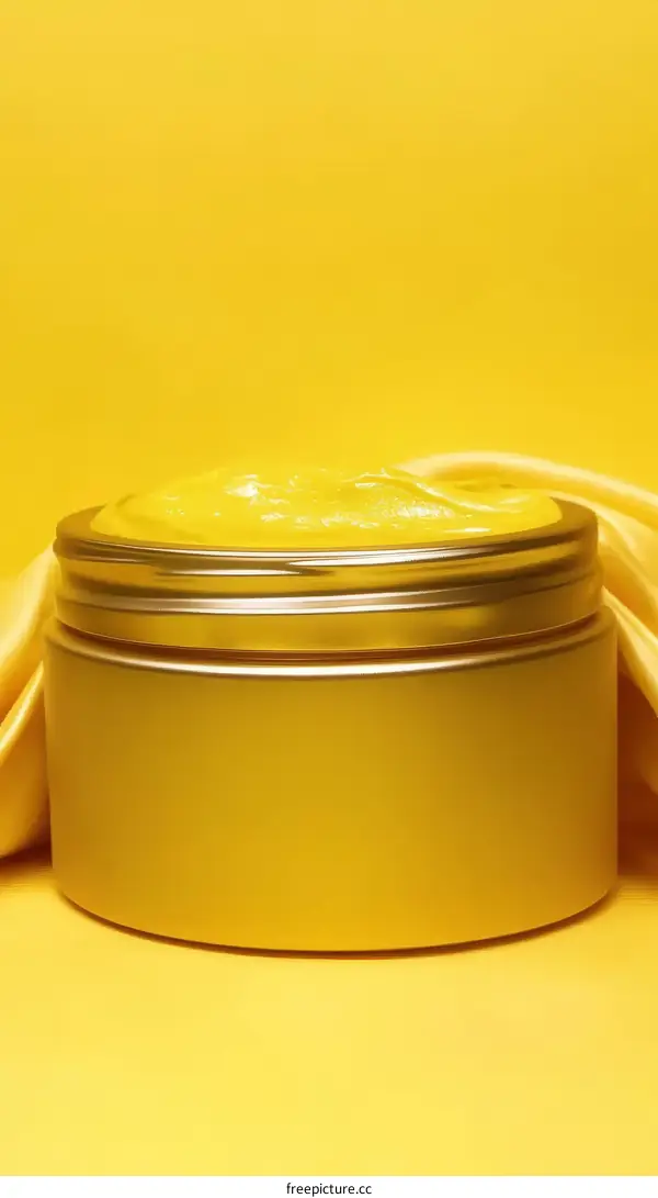 Gold Cosmetic Jar on Yellow Background