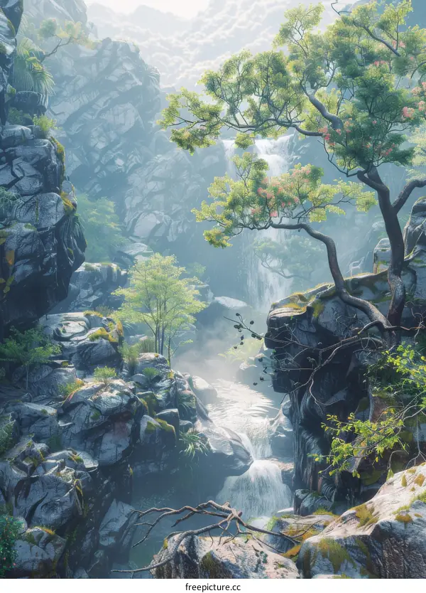 Fantasy Waterfall Landscape with Majestic Mountains