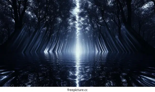 Mystical Forest Pathway with Water Reflections