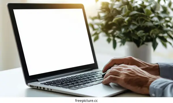 Modern Laptop Workstation with Hands Typing