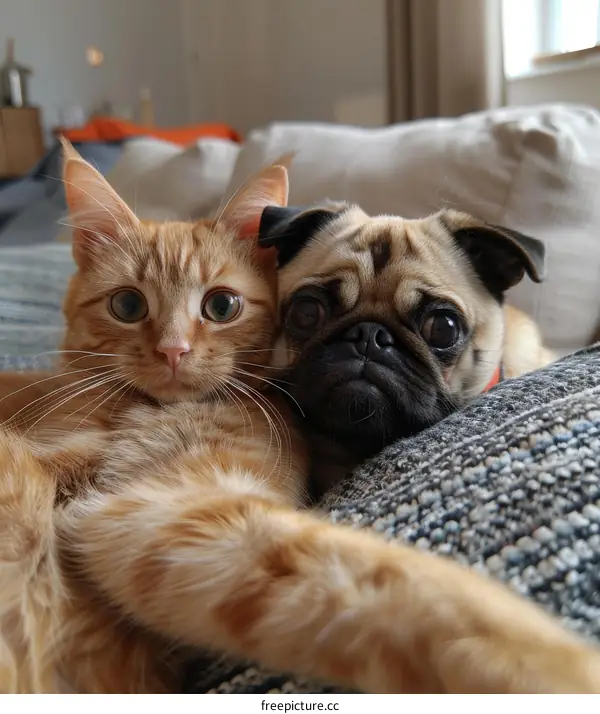 An orange cat and a pug are lying on a couch and looking at the camera