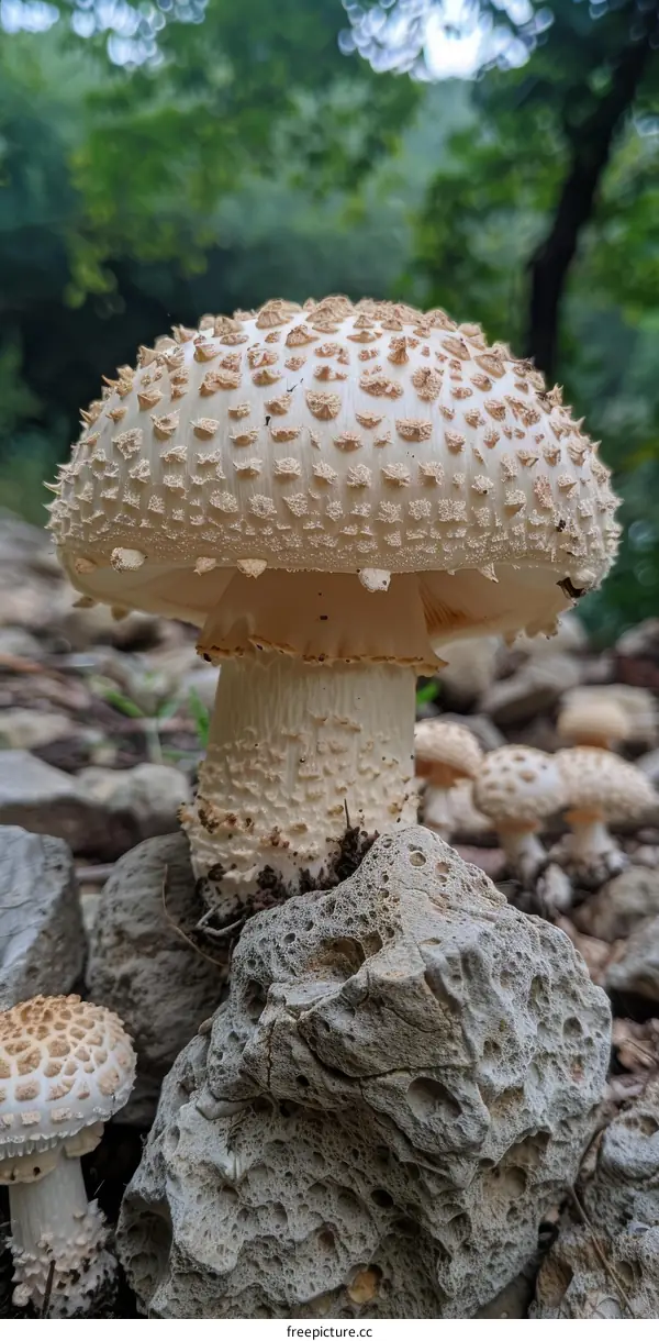 Large White Mushroom Growing on Rocky Ground in a Forest