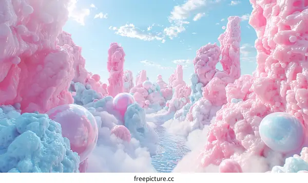 Pink and blue dreamy fantasy landscape with a river flowing through it