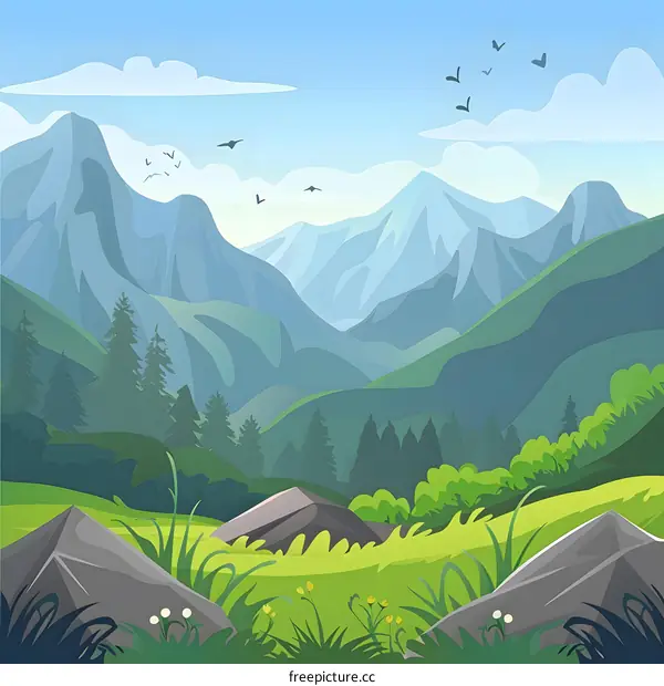 Mountain Landscape with Green Valley and Birds Flying