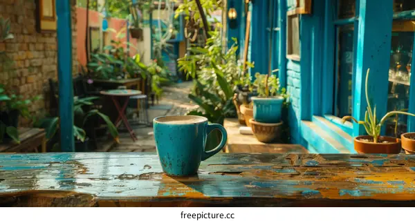 Blue green cup on a wooden table in a lush garden