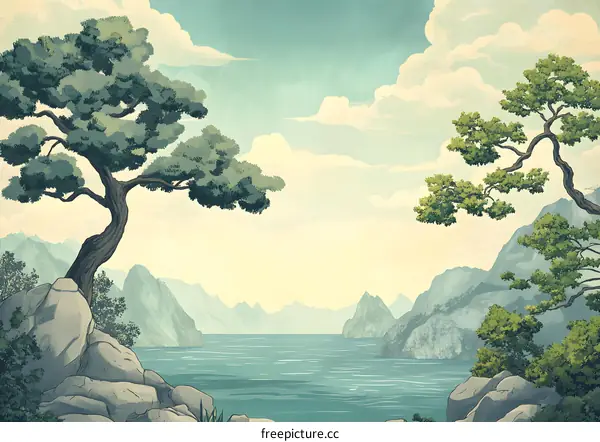 Tranquil Lake Landscape with Pine Trees and Mountains