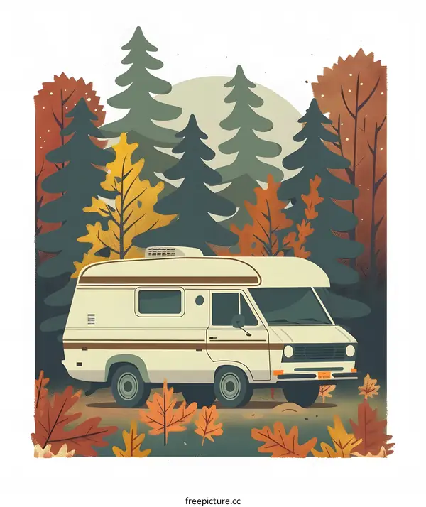 Vintage Camper Van In Autumn Forest
