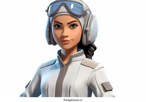 Close-up of a female pilot wearing a white flight suit and goggles