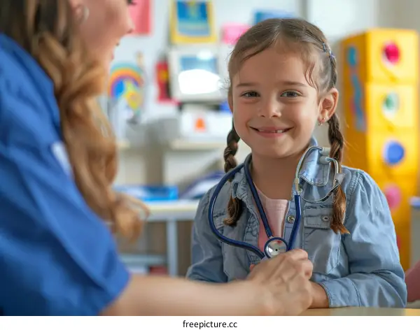 Little Girl Wearing Stethoscope and Smiling at Doctor