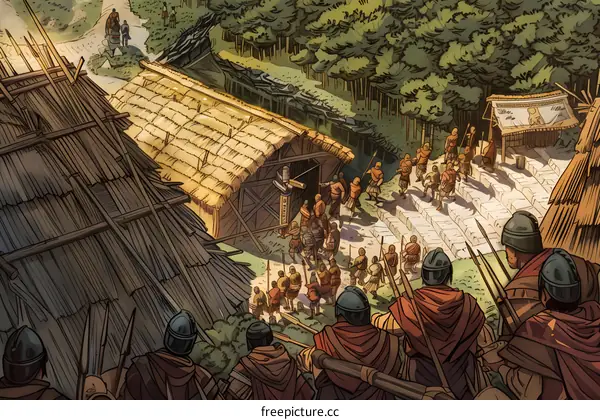 Illustration of Medieval Soldiers Marching Towards a Village