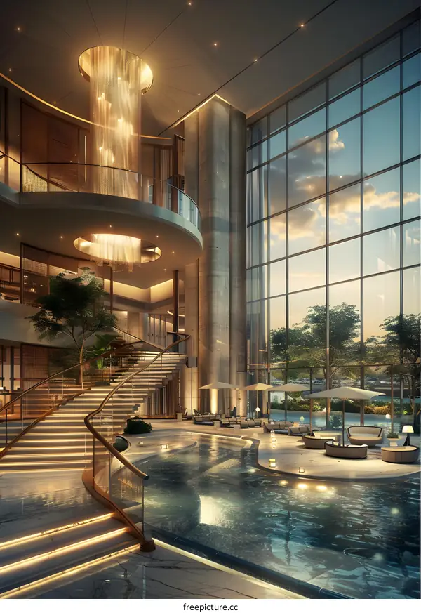 The interior of a luxury hotel lobby