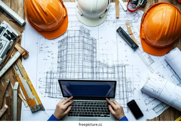 Architectural blueprints and laptop