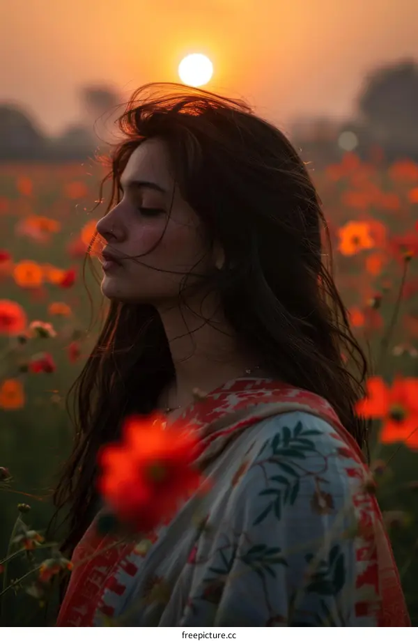 Portrait of a Young Woman in a Field of Flowers at Sunset