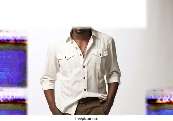 A man with no head in a white shirt and brown pants