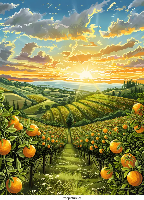 Orange Grove Landscape Painting With Sunset