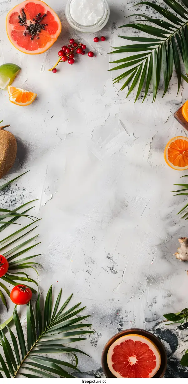 Tropical Fruits and Palm Leaves on White Background
