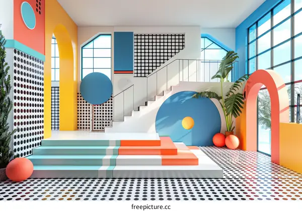 Memphis style geometric shapes colorful room interior design