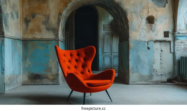 Vintage Red Egg Chair in Abandoned Interior