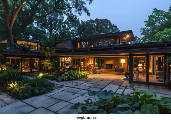 Modern Architecture Home with Backyard Patio at Twilight