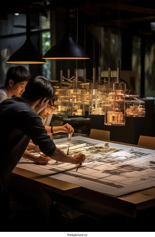 Two Asian men working on a large architectural plan