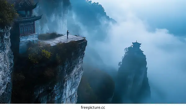Misty Mountains Scenery with Ancient Chinese Temple