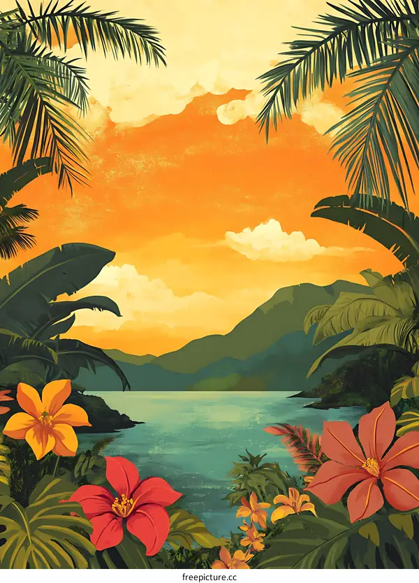 Tropical Sunset Landscape with Palm Trees and Flowers